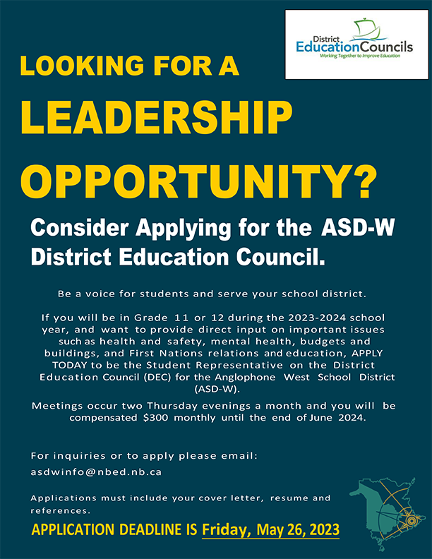 ASD-W District Education Council Student Representative recruitment poster.